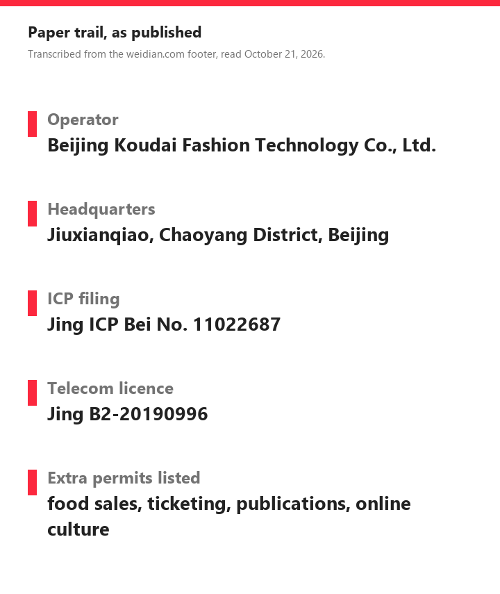 Fact plate listing the operator company, Beijing address and the ICP and telecom filing numbers