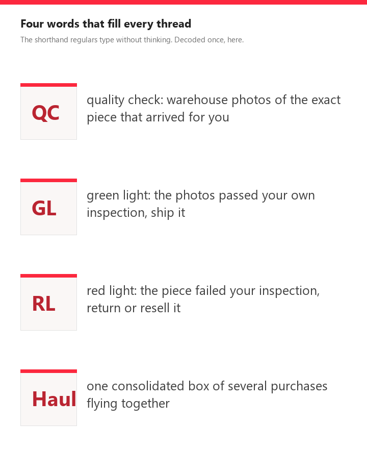 Cards decoding the terms QC, GL, RL and haul with one-line definitions