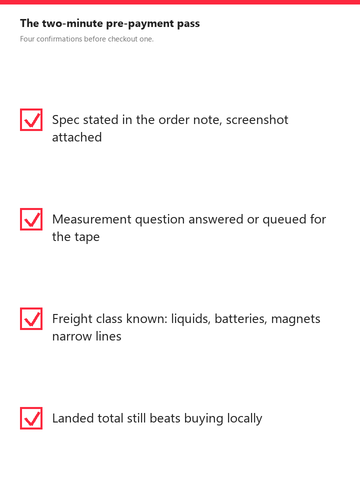 Checklist panel with four pre-payment confirmations: spec stated, measurement queued, freight class known, landed total sane