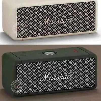 Two portable speakers with metal grilles in cream and green