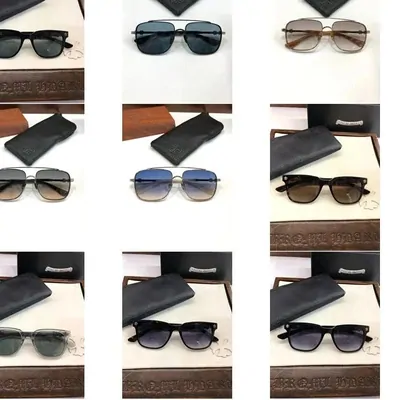 Grid of sunglasses in dark frames with folded cases