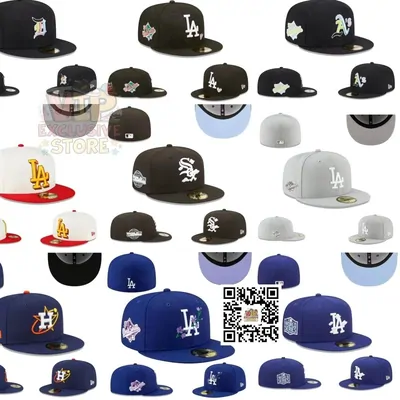 Collage of fitted caps in many team colourways
