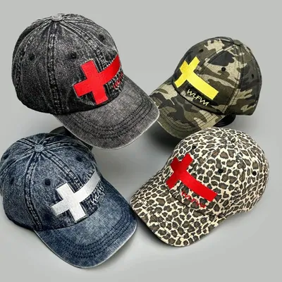 Distressed caps with cross patches in denim and leopard prints
