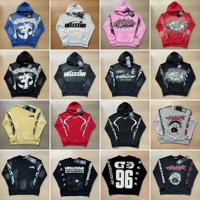 Grid of sixteen printed hoodies in mixed colours