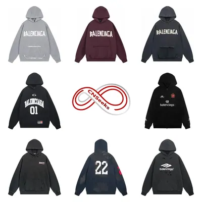 Rows of hoodies in grey, wine and black with chest graphics