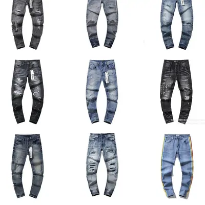 Nine pairs of washed blue jeans in a grid
