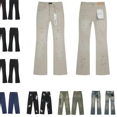 Flared and straight trousers in black, beige and splattered finishes