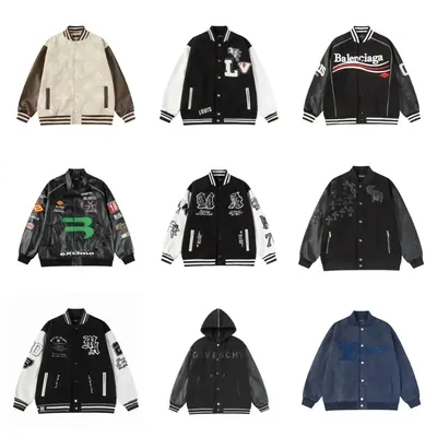 Varsity jackets with contrast sleeves and chest lettering in rows