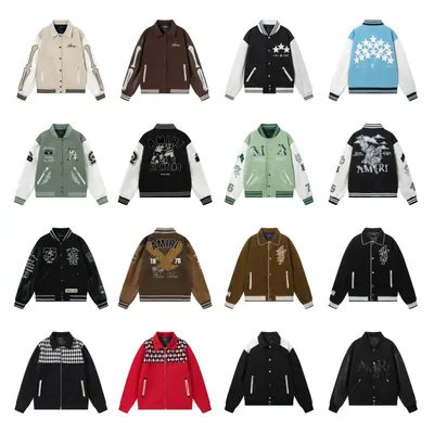 Mixed grid of varsity jackets with embroidered patches