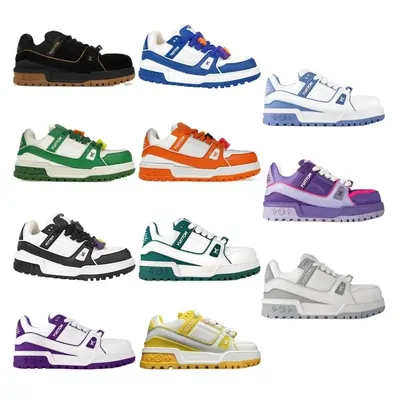 Colourful low-top trainers in several colourways arranged in a grid