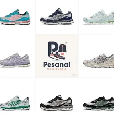 Grey and pastel running shoes shown in rows with a seller logo card