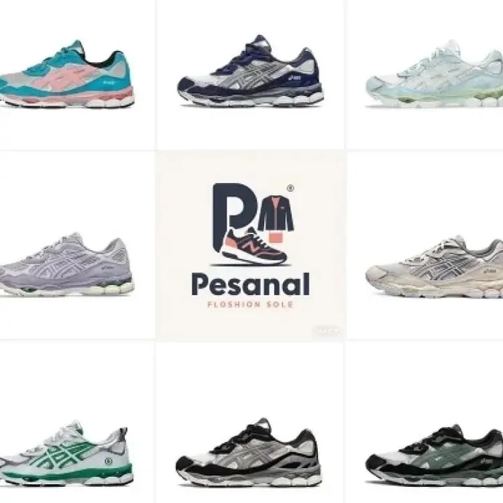 Seller grid of grey and pastel running shoes with a logo card in the centre